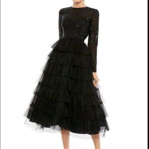 MAC DUGGAL SEQUIN BODICE LONG SLEEVE TIERED RUFFLE BLACK MIDI DRESS sz 2
